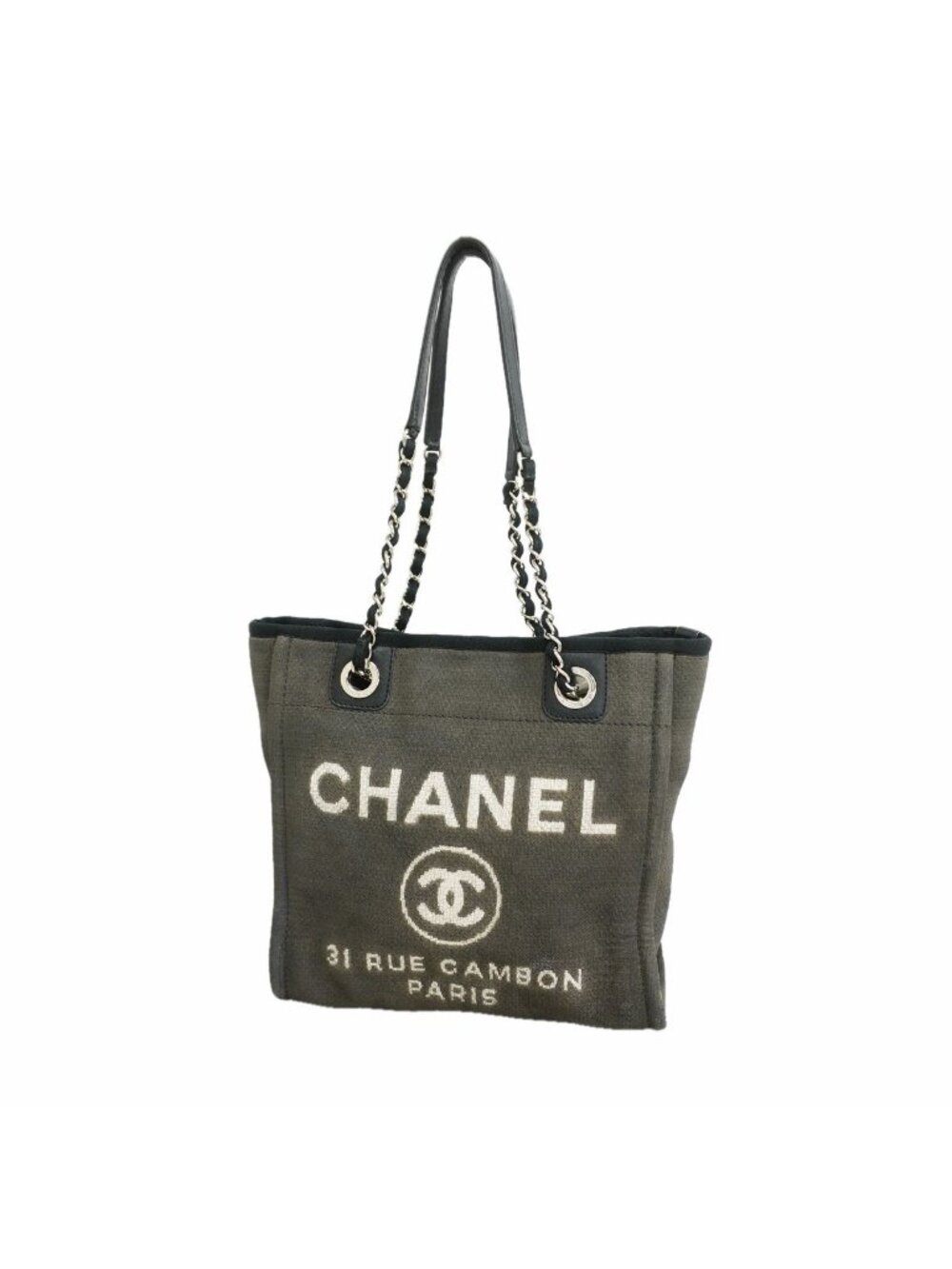 Chanel Chain Tote Bag Deauville Canvas Black Gray Silver